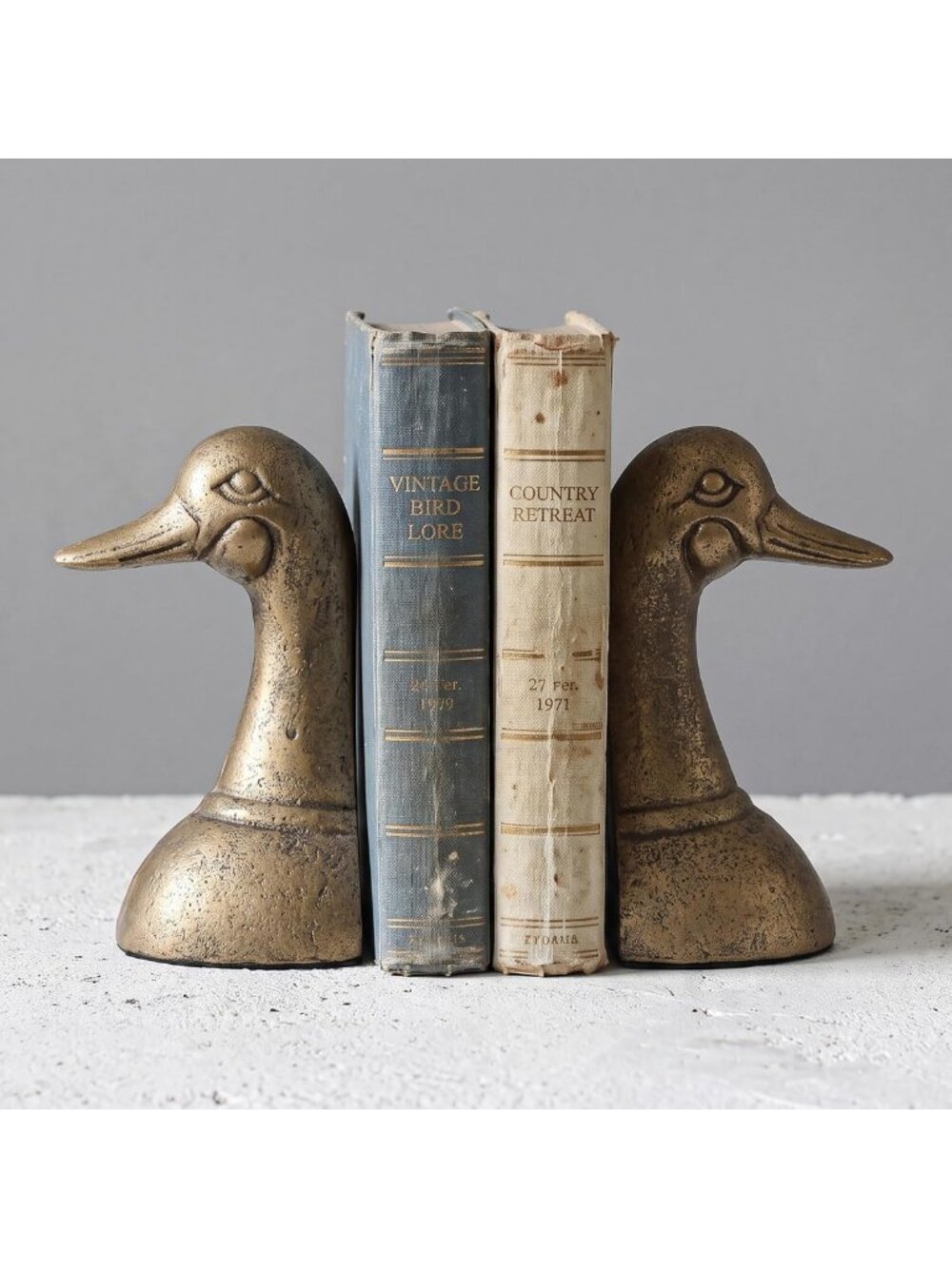 Vintage Brass-Tone Cast Iron Duck Bookends - Set of 2, Heavy Shelf Decor